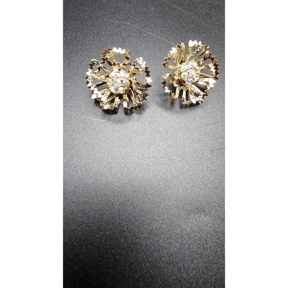 Vintage Sarah Coventry 1968 Allusion Flower AB Rhinestones Clip Earrings